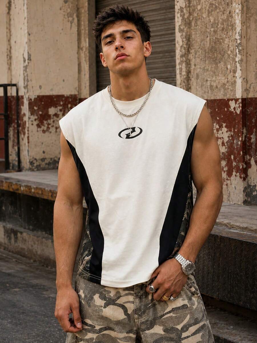 FRACTYR 男士夏季休闲街头风无袖背心,抽象Logo和迷彩印花,双面设计,宽松版型,美式嘻哈风格,透气亲肤无袖背心 - 杏色 - 查看 1