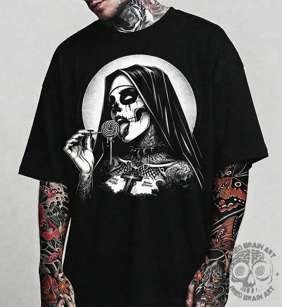 Unholy Nun T-Shirt – Gothic Satanic Horror Apparel - Black - View 1
