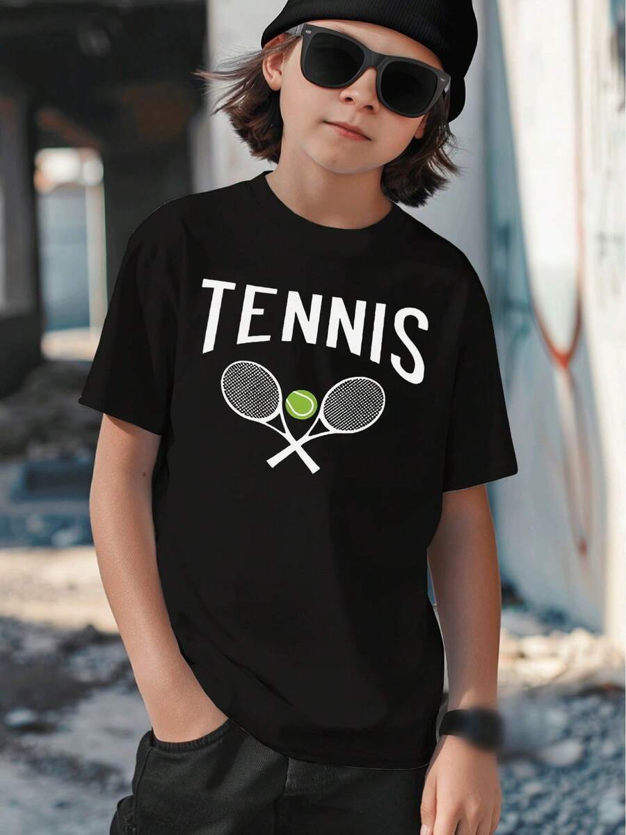 Classic Casual T-Shirt With Graphic Tennis Print, Crossed Rackets And Green Ball For Children Ages 5-13, Sportswear, Urban Style, Fashionable Casual Clothing - 黑色 - 查看 1