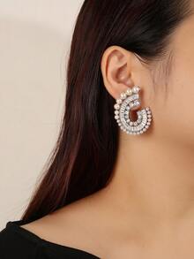 1 paire de boucles d'oreilles pendantes de luxe géométriques avec CZ 5A & perles fausses, monture en cuivre, pour mariage & robes de soirée, fêtes - Superbes boucles d'oreilles - Voir 3