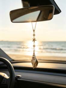 1pc Bohemian Style Ocean Shell Starfish Pearl Car Rearview Mirror Hanging Ornament, 6 Styles Beach Theme Metal Car Interior Pendant, Vehicle Windshield Decoration - A - View 15