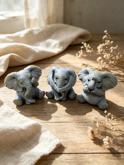 1 Set 3pcs Mini Cute Gray-Blue Elephant Zen Figurines, Adorable Animal Statue Decor Sculpture, Suitable For Rustic Style Windowsill, Bedroom Corner, Cozy Home Decor, Mindfulness Aesthetic Ornament, Healing Gift For Her