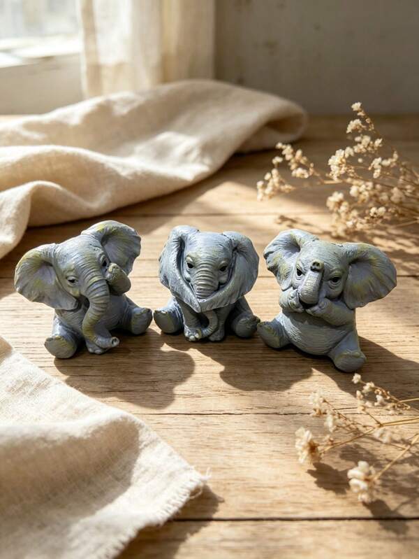 1 Set 3pcs Mini Cute Gray-Blue Elephant Zen Figurines, Adorable Animal Statue Decor Sculpture, Suitable For Rustic Style Windowsill, Bedroom Corner, Cozy Home Decor, Mindfulness Aesthetic Ornament, Healing Gift For Her