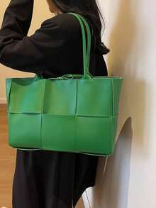 Dedoo Tas Tote Wanita, Motif Kotak-kotak Tenun, Kulit Mengkilap Warna Solid, Pegangan Panjang, Bagian Atas Terbuka, Kapasitas Besar, Tas Perjalanan Komuter Minimalis, Cocok untuk Semua Musim - Hijau - View 4