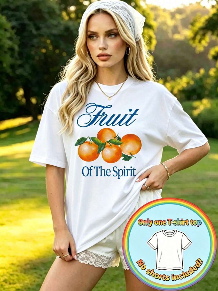 Women's Y2K Style 100% Cotton Short Sleeve T-Shirt, Plus Size, Summer Top, With Hand-Drawn Watercolor Orange Illustration And "Fruit Of The Spirit" Print - 白色 - 查看 1