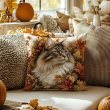 1pc Autumn Maple Leaf Long Hair Cat Print Pattern Polyester Pillow Case [Pillow Insert Not Included], 17.7*17.7in(45*45cm)/19.69*19.69in(50*50cm)/15.75*15.75in(40*40cm), [Single-Sided Printing] Cat Lover Gift Cushion Cover Room Decor, Home Decor, Bedroom Decor, Room Decoration Stuff For Sofa, Bed, Living Room, Bedroom, Car, Office, Hotel Decoration Throw Pillow Covers All Season Use Perfect Gift For Family And Friends - Multicolor - View 7