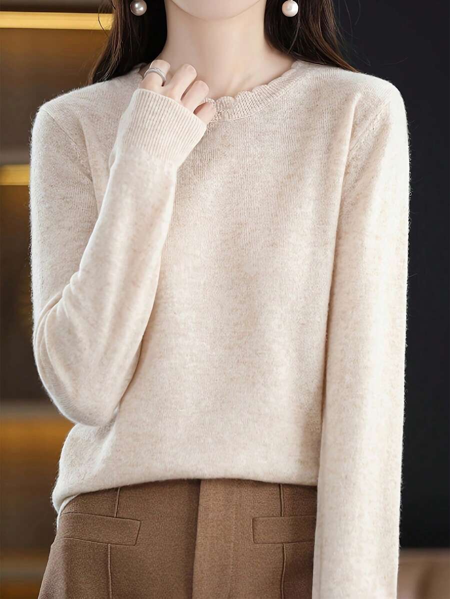 Women's Elegant Solid Color Ruffled Crew Neck Knitwear, Spring & Fall Fashion Casual Versatile Long Sleeve Pullover Base Layer  Ideal For Daily Wear - Apricot - View 1
