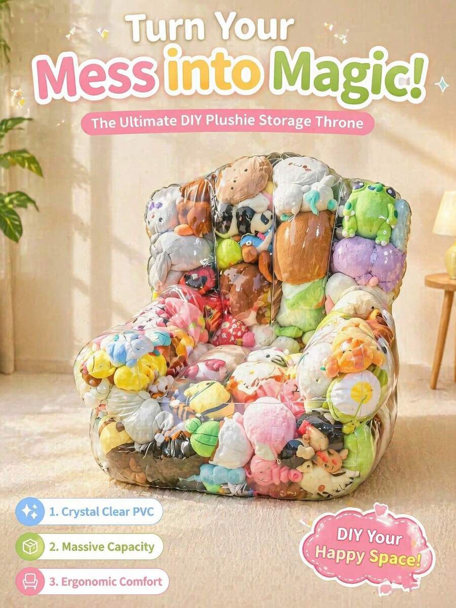 2/3 Pcs Transparent Plush Doll Storage Bean Bag Chair Cover - Waterproof Easy To Clean PVC Plush Doll Storage Bag With Zipper, Transparent Storage Bag And Comfortable Seat, Large Plush Doll Support Chair - Transparent - View 1