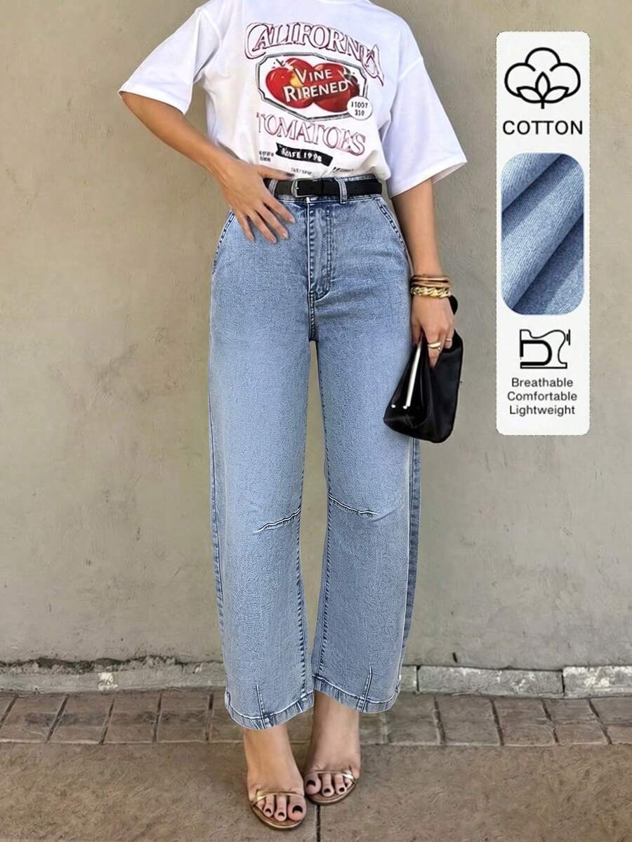 New Y2K Style Women's Cropped Straight Leg Jeans, Light Wash, Button Detail, Medium Stretch, Suitable For All Seasons - Medium Wash - View 1