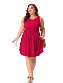 Vestidos de Verano Cueply de Talla Grande para Mujeres con Curvas, Vestidos Midi Casuales sin Mangas con Cuello Redondo y Corte Holgado - Burdeos - Ver 4
