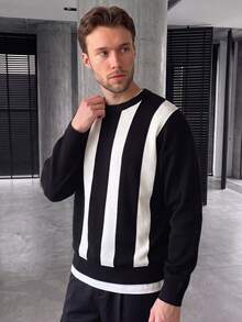 GRDR 1pc Men's Casual Striped Knit Sweater, Autumn/Winter - Black - View 7