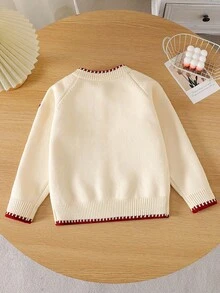 女童秋冬款愛心刺繡休閒長袖開襟針織衫 - 杏色 - 查看 2