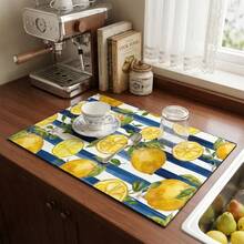 1 pieza Alfombrilla de secado de platos, Alfombrilla para cafetera, Patrón de limón acuarela con rayas azules y blancas, Altamente absorbente, Adecuada para mesa de comedor, cafetería y otras escenas, Regalo para el hogar, Encimera, Decoración de mesa de comedor - XYLSD-580 - Ver 4
