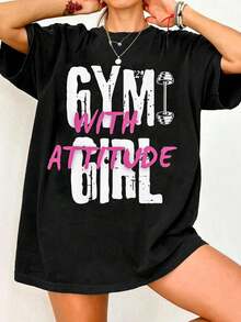 Loose Design"GYM GIRL"Pattern T Shirt,Women's Casual Summer Style - 黑色 - 查看 1