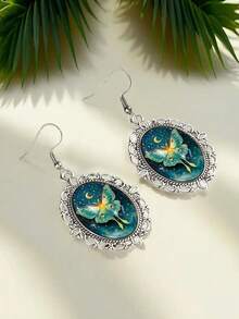 Starry Sky Butterfly Pendant Earrings, Cute Moon Design Enamel Hook Earrings, Bohemian Style Party & Daily Wear Jewelry - Silver - View 3