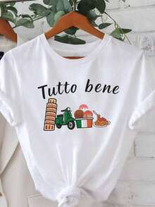 Camiseta de mujer personalizada con estampado curativo de inspiración italiana "Tutto bene" (Todo está bien), top del mercado de alimentos de viaje italiano, estilo fresco y curativo de mang - Blanco - Ver 1