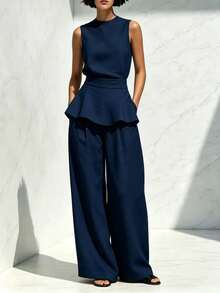 Women's Two-Piece Set: Sleeveless Blouse With Round Neck, Ruffled Hem, Fitted Waist, And Textured Palazzo Pants; Elegant Casual Outfit For Office, Everyday Wear, And Going Out - 藏青色 - 查看 2