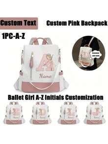 Personalized Custom Name A-Z 26 English Letters Premium Backpack, Fashion Anti-Theft Versatile Large Capacity Travel School Bag, Exquisite Cute Pink Ballet Girl Pattern Fashion Contrast Color Design Lightweight Large Capacity, Perfect For Daily Outings, Work Commute, School - White and Pink - View 1