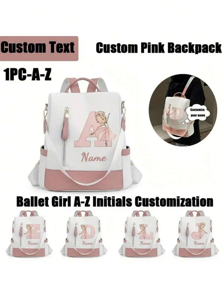 Personalized Custom Name A-Z 26 English Letters Premium Backpack, Fashion Anti-Theft Versatile Large Capacity Travel School Bag, Exquisite Cute Pink Ballet Girl Pattern Fashion Contrast Color Design Lightweight Large Capacity, Perfect For Daily Outings, Work Commute, School - White and Pink - View 1
