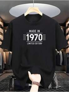 Camiseta holgada 100% unisex con cuello redondo y diseño de estampado puro [HECHO EN 1970], manga corta casual, ropa moderna y cómoda para adultos, hombres jóvenes y de mediana edad XZL33 - Negro - Ver 1