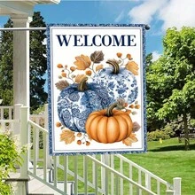 1 Decorative Flag With Blue And White Pumpkin Theme, Suitable For Autumn Use, Size 12*18 Inches. This Double-Sided Garden Flag Is Perfect For Yard Decor And Outdoor Use, Sold As Flag Only. - Garden Flag - View 9