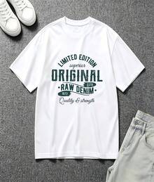 Distressed Vintage Limited Edition Original Raw Denim Letter Graphic Oversized Crew Neck Short Sleeve Women's T-Shirt Retro Urban Casual Wear Perfect Gift For Vintage Fashion Loving Women - Blanco - Ver 2