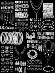 68/58/40/35pcs Chunky, Vintage, Boho, Elegant Style Geometric Ribbon Heart Butterfly Faux Pearl Rhinestone Shiny Twisted Braided Cross Wrapped Multi-Layer Square Star Moon Tassel Pendant Chain Snake Bone Chain Braided Chain Minimalist Plain Chain Wave Metal Style Multi- Necklace + Earrings + Ring + Bracelet Jewelry Set Fashion Simple Exquisite Vintage Design Holiday Vacation Party Date Gift Daily Commute Wear - Silver - View 1
