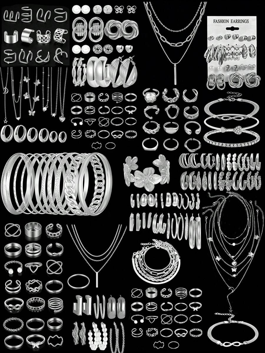 68/58/40/35pcs Chunky, Vintage, Boho, Elegant Style Geometric Ribbon Heart Butterfly Faux Pearl Rhinestone Shiny Twisted Braided Cross Wrapped Multi-Layer Square Star Moon Tassel Pendant Chain Snake Bone Chain Braided Chain Minimalist Plain Chain Wave Metal Style Multi- Necklace + Earrings + Ring + Bracelet Jewelry Set Fashion Simple Exquisite Vintage Design Holiday Vacation Party Date Gift Daily Commute Wear - Silver - View 1
