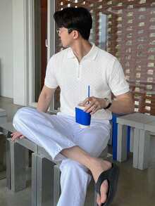 DAZY 男士夏季提花纹理 Polo 衫，翻领半拉链设计，适合日常通勤、旅行、度假和户外活动，休闲简约风格，都市成熟风格，英伦绅士风格。 - 白色 - 查看 6