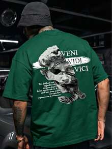 Dope|Camiseta holgada para hombre con estampado de estatua gótica rota, diseño de eslogan latino vintage en la espalda, top casual de manga corta estilo hip-hop streetwear - Verde Oscuro - Ver 4