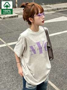 English Letter Print Heathered Short-Sleeved T-Shirt, 100% Cotton, Women's Casual Wear, Domestic Shipping. Women's Clothing, New Summer Style, Summer Clothes, Ladies, High Price, Short Sleeves, Spring Clothes, Women's Short-Sleeved T-Shirt, One Piece, Plain Design, Regular Length, Pure Cotton Fabric. - Light Grey - View 1