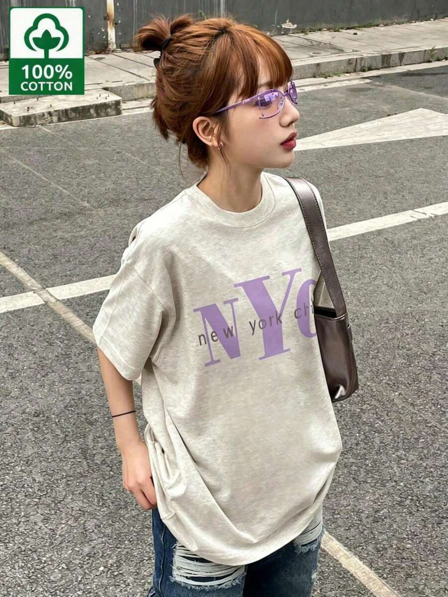 English Letter Print Heathered Short-Sleeved T-Shirt, 100% Cotton, Women's Casual Wear, Domestic Shipping. Women's Clothing, New Summer Style, Summer Clothes, Ladies, High Price, Short Sleeves, Spring Clothes, Women's Short-Sleeved T-Shirt, One Piece, Plain Design, Regular Length, Pure Cotton Fabric. - Light Grey - View 1