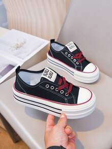 1 Pair 2026 New Thick Sole Canvas Shoes For Girl, Black & Red Color Block Platform Sneakers, Versatile Breathable Casual Skate Shoes For Girls - Burgundy - View 8