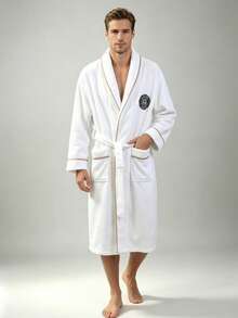 1pc Men's Solid Color Embroidered Trim Long Bathrobe, Comfortable Breathable Soft Plush Quick-Drying, Home Wear, Suitable For Home/Spa/Hotel/Leisure, All Season, Bathroom Decor (White) - Lapel - Plain Trimmed Round Logo Bathrobe - White - View 12