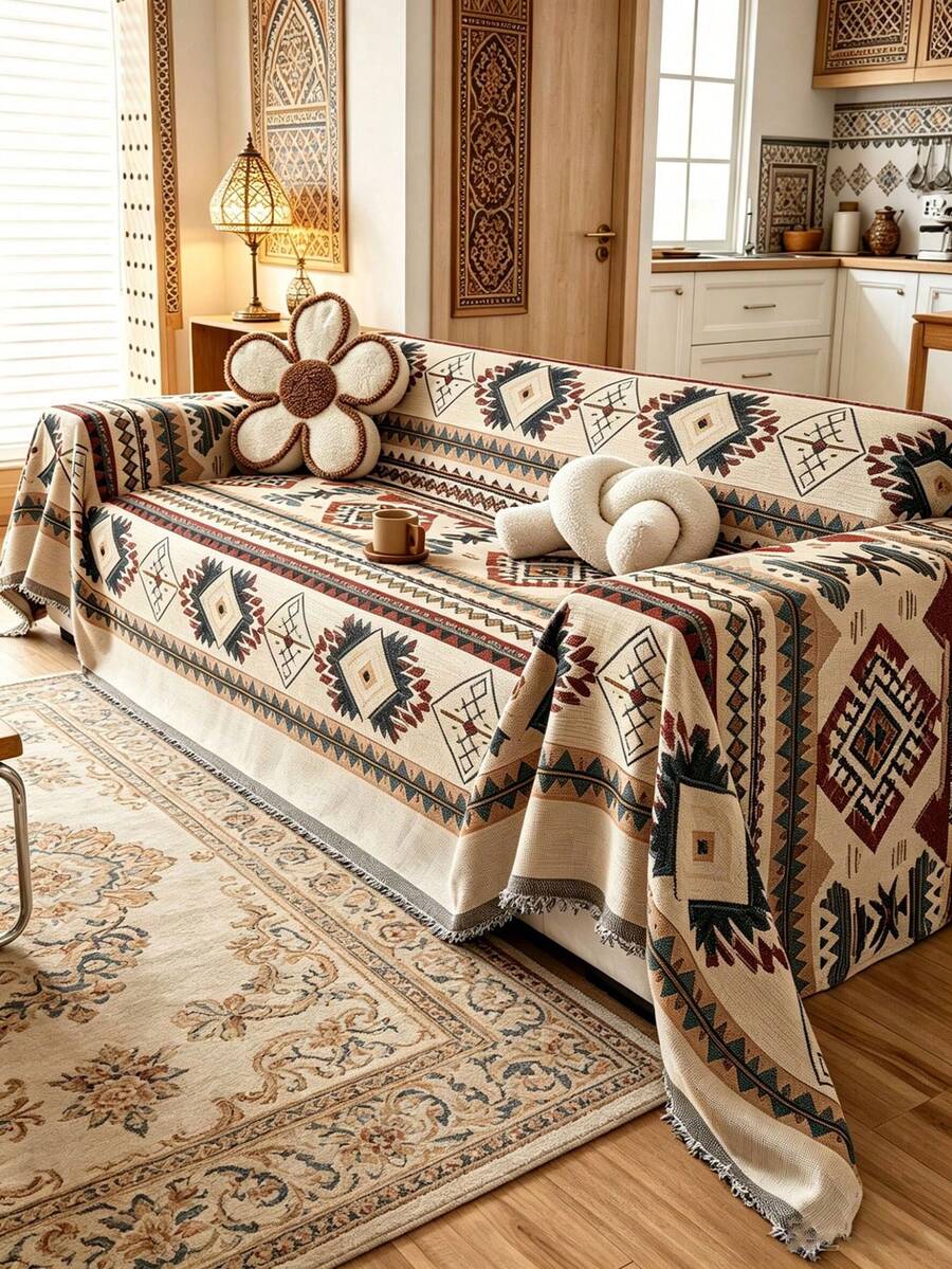 1pc Bohemian Style Sofa Blanket - Suitable For All Seasons, Pet Friendly, Dust Cover Sofa Throw With Tassels - For Living Room, Kitchen - Machine Washable, Sofa Blanket - Grey - View 1