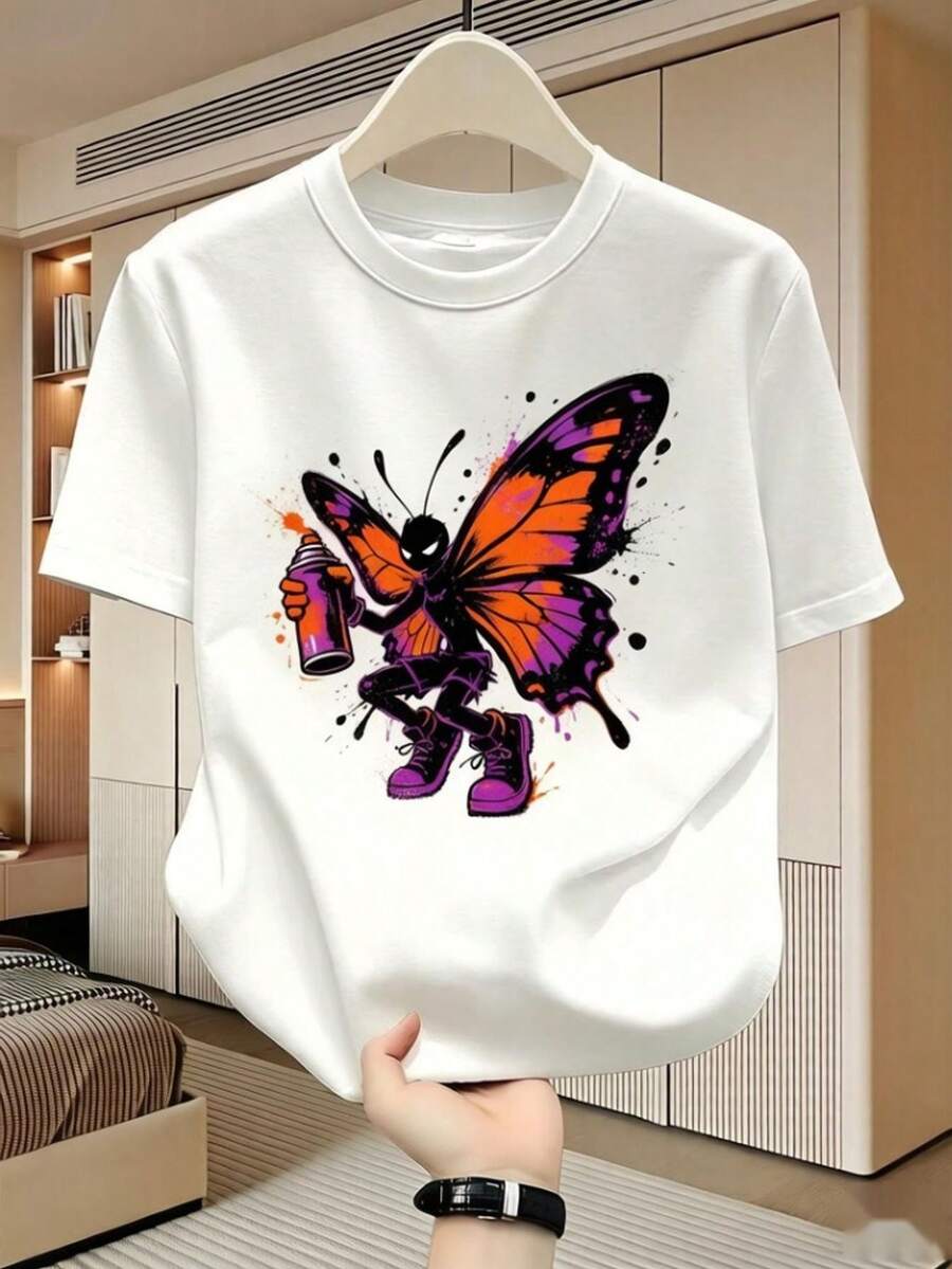 Graphic Streetwear With Butterfly And Graffiti Print, Short Sleeve, Vintage Style, Urban Art Design, Perfect For Daily Wear, Outdoor Parties Or As A Gift, Casual Summer Top - 白色 - 查看 1