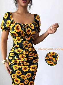 Full Body Print Bohemian Elegant Beach Vacation Dress Women Spring Autumn Sunflower Floral Dress White Background Sunflower Ruched Square Neck Summer - Black - View 4