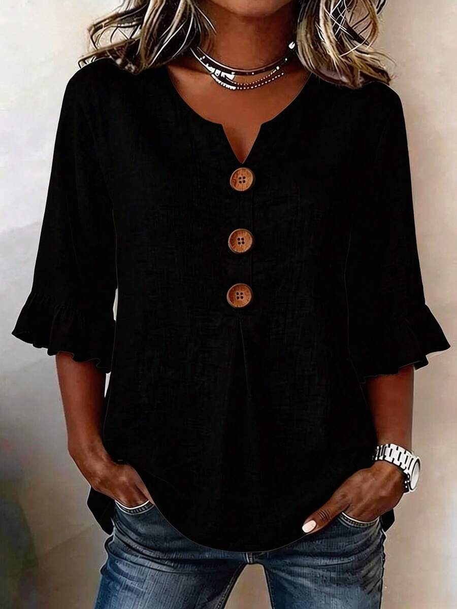 Summer 2026: New Cotton And Linen Blouse With Buttons, V-Neck And Ruffle Sleeves, Comfortable And Breathable - Black - View 1
