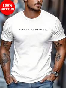 Men's Short-Sleeved Cotton T-Shirt With Letter Print, Casual Crew Neck, Breathable Sports Top, Comfortable And Regular Fit,  Streetwear, Ideal Gift. GT1 - 白色 - 查看 1