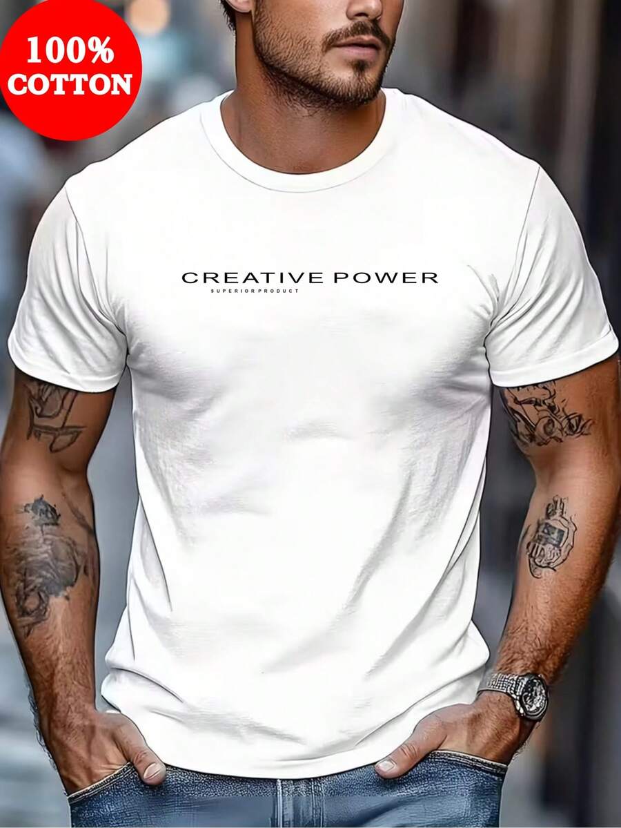 Men's Short-Sleeved Cotton T-Shirt With Letter Print, Casual Crew Neck, Breathable Sports Top, Comfortable And Regular Fit, Streetwear, Ideal Gift. GT1 - 白色 - 查看 1