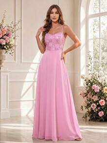 Fall Elegant Spaghetti Strap Sequined Chiffon A-Line Pink Bridesmaid Dress With 3D Floral Detail,Wedding Guest, Evening Party, Birthday,Festival - Pink - View 2