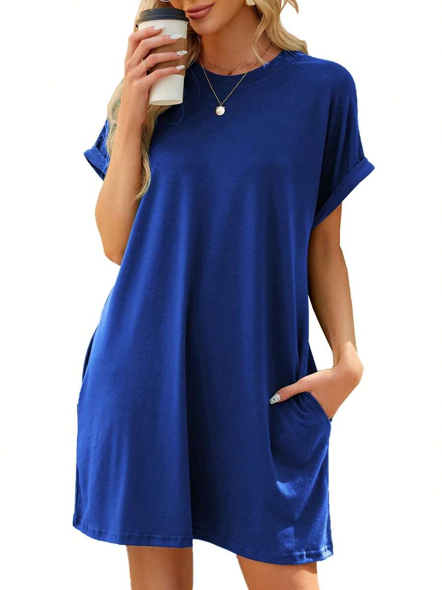 TEMOFON Women's Summer T-Shirt Dress, Short Sleeve, Loose Fit, With Pocket, Casual Dress, Fashionable Summer Dress, Solid Black, Size XL - 藍色 - 查看 1