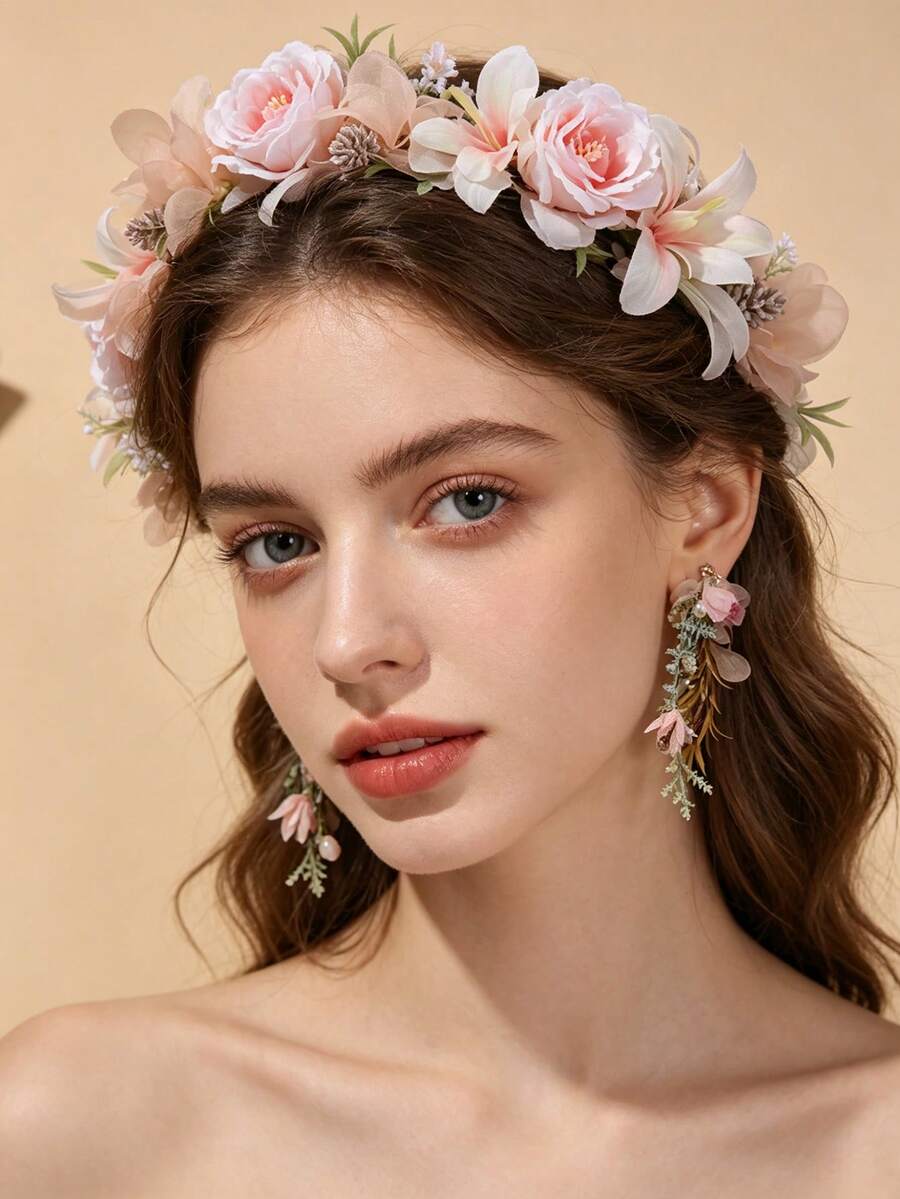 3件/1套 1件花冠 + 1對耳環，森系人造花草新娘婚禮季節波希米亞風美學花冠耳環套組 - 花 環+ 耳 環 - 查看 1