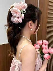 1 Peça Garra de Cabelo Floral Tulipa em Chiffon e Tule Grande, Design de Flor de Tecido Plissado Macio, Perfeito para Looks de Festival, Fim de Semana na Praia e Verão Branco - Multicolorido - Visão 9