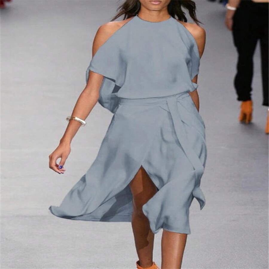 Sleeveless Maxi Dress With Side Slit, European And American Style, For Summer 2026 - Grey - View 1