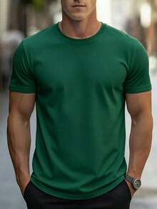 Plus Size Solid Color Basic Clean Style Men's Short Sleeve T-Shirt | American Casual Loose Fit | Suitable For Summer Wear - Dark Green - View 5