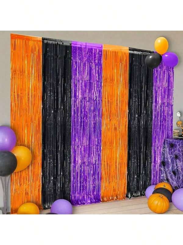 200*100cm Halloween Theme Three-Color Mixed Plastic Backdrop, Halloween Sequin Curtain Background Party Decoration, Black Orange Purple Foil Fringe Photography Backdrop, Suitable For Halloween Party, Photo Booth Props, Spooky Party Decoration.