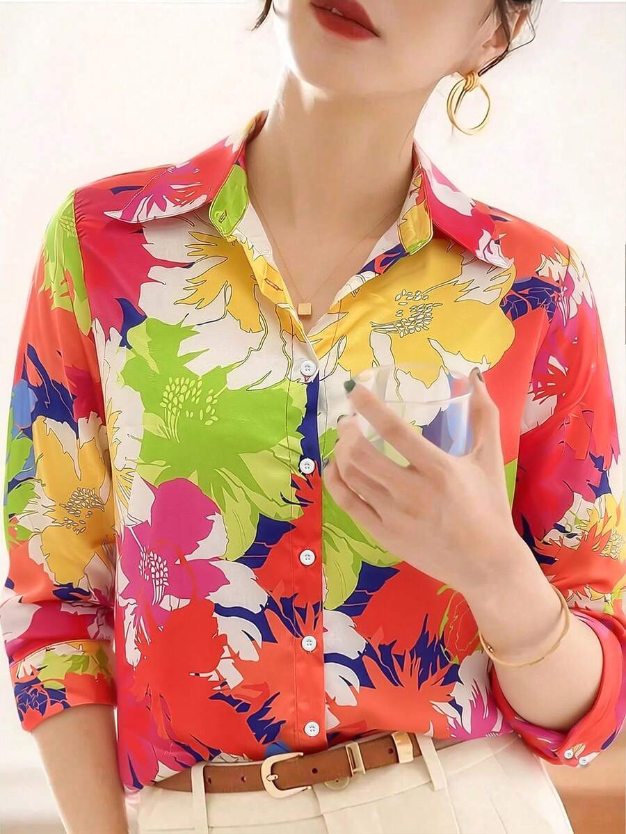 新款女款大尺碼寬鬆長袖襯衫，鈕扣開襟度假風上衣