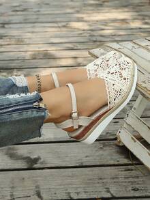2026 Sommer Neue Stroh Geflochten Spitze Cut Out Dicke Sohle Keilabsatz Sandalen, geeignet für tägliches Tragen, Pendeln, Party, Urlaub, vielseitiger Stil - Beige - Übersicht 4