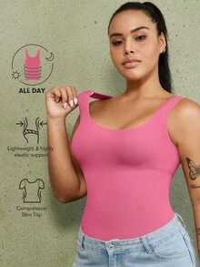 1pc Women's Seamless Black Plus Size Tummy Control Shapewear Top, Light Compression Waist Trainer - Pink - View 6